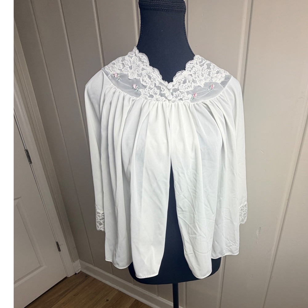 Vintage Shadowline Bed Jacket Ivory Lace Floral Embroidery Capelet Medium USA